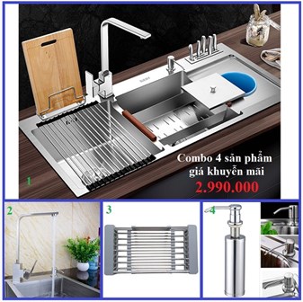 Combo chậu rửa chén + vòi nóng lạnh+ rổ + bình xà phòng
