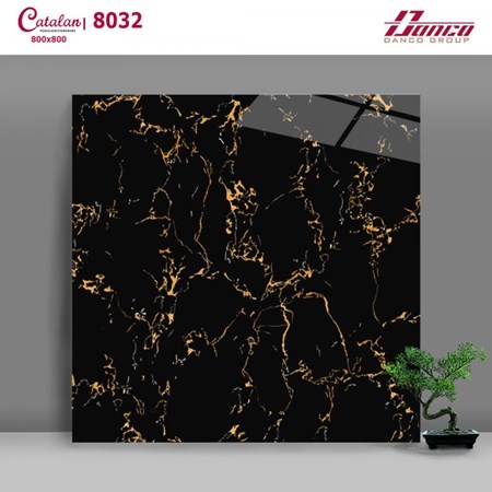 Đá bóng kiếng Đen vân cam Catalan 80x80cm 8032